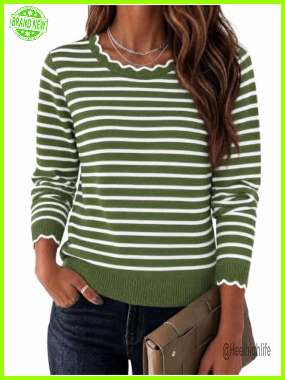 Womens Striped Pullover Sweater Long Sleeve Knit Scalloped Tops